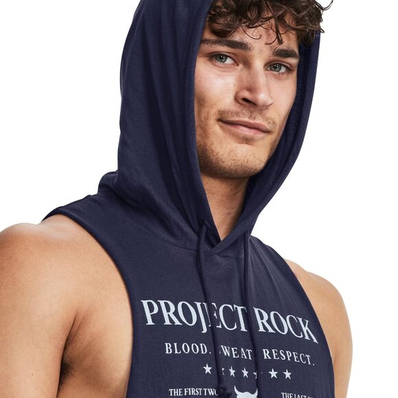 $50 UNDER ARMOUR PROJECT ROCK SLEEVELESS HOODIE 1382279-410 NAVY/HALOGEN BLUE M - Picture 3 of 5